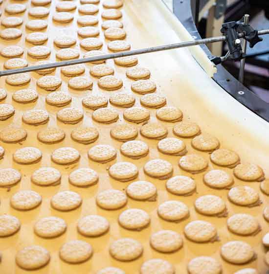 private label cookies lined up on a conveyor